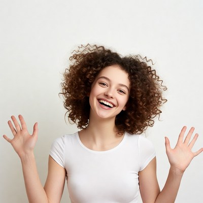 Smiling girl with curly hair raising hands