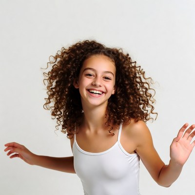 Smiling girl with curly hair waving