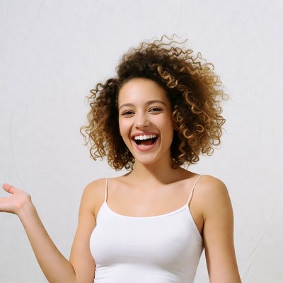 Smiling woman with curly hair gesturing