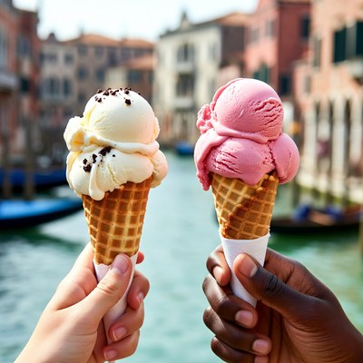 Hands Holding Vanilla and Pink Ice Cream Cones Venice