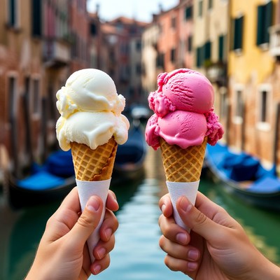 Hands Holding Vanilla and Pink Ice Cream Cones Venice