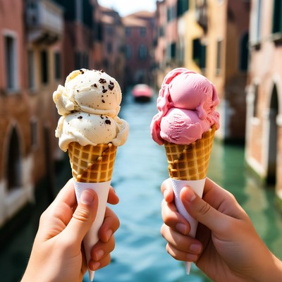 Hands Holding Vanilla Strawberry Ice Cream Venice