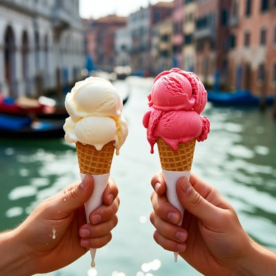 Hands Holding Vanilla and Strawberry Gelato Venice