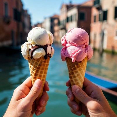 Hands Holding Vanilla and Pink Ice Cream Cones Venice