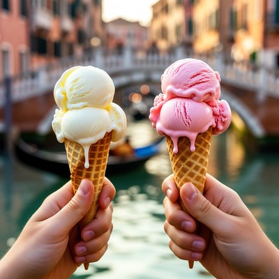 Hands Holding Vanilla and Pink Ice Cream Cones Venice