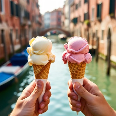 Hands Holding Vanilla and Pink Ice Cream Cones in Venice Canal