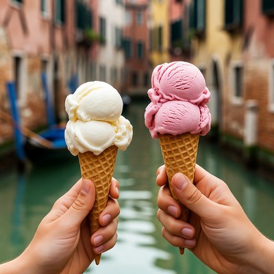 Hands Holding Vanilla Strawberry Ice Cream Cones Venice