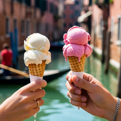 Hands holding vanilla strawberry ice cream cones Venice