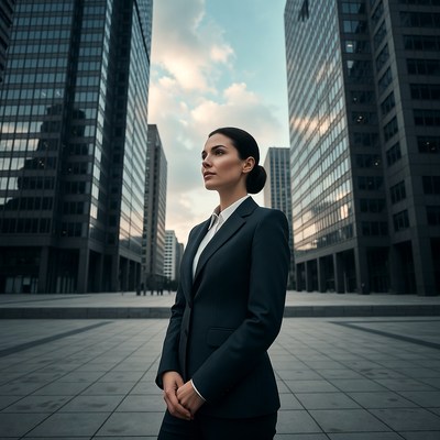 Businesswoman standing in city skyscrapers