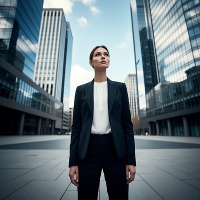 Business woman looking up in city