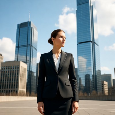 Businesswoman standing in front of skyscrapers