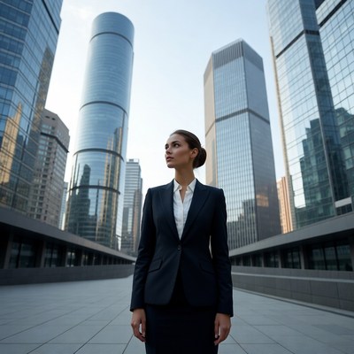 Businesswoman standing among skyscrapers