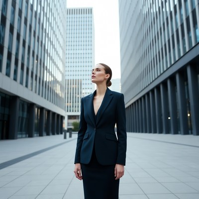Business woman in city skyscrapers