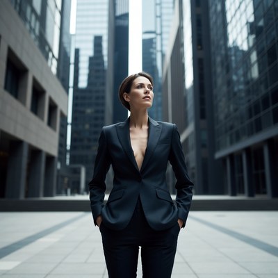 Businesswoman standing in city skyscrapers