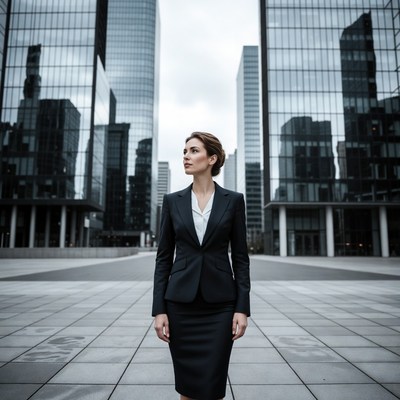 Business woman standing in city plaza
