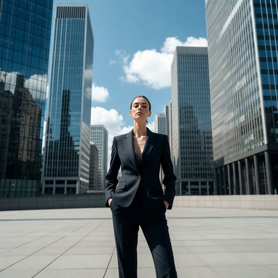 Woman in black suit city skyline