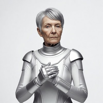 Elderly woman in silver futuristic armor