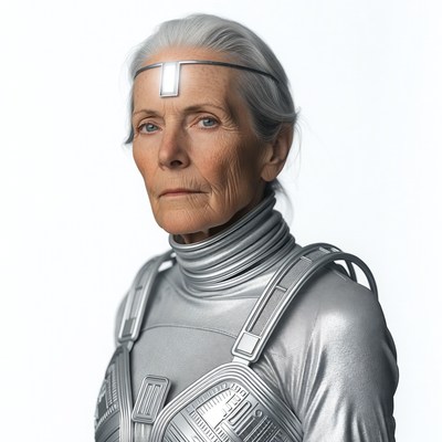 Elderly woman in silver sci-fi suit