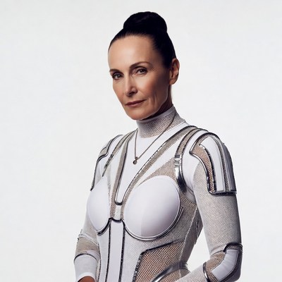 Woman in white futuristic armor suit