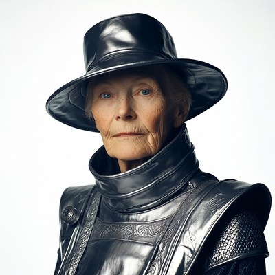 Elderly woman in black leather hat armor