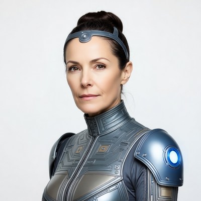 Woman in futuristic silver armor suit