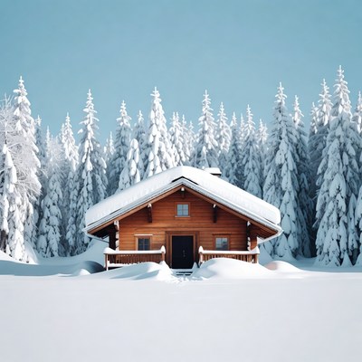 Snowy Wooden Cabin in Forest