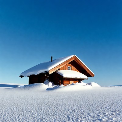 Snowy Wooden Cabin in Snowy Field