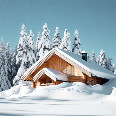 Snowy Wooden Cabin in Forest