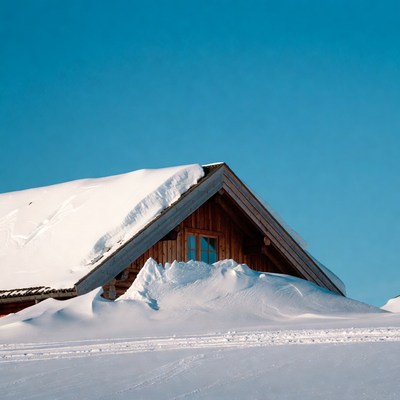 Snowy Wooden Cabin in Mountains