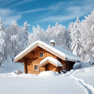 Snowy Wooden Cabin in Winter Forest
