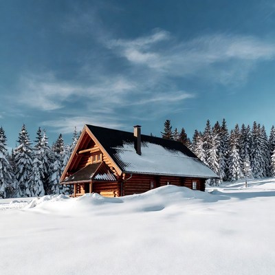 Wooden Cabin in Snowy Forest