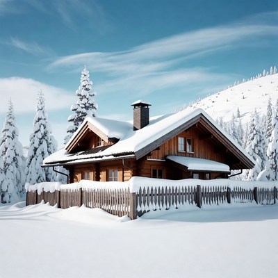 Snowy Wooden Chalet in Mountains