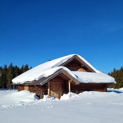 Snowy Wooden Cabin in Winter Landscape