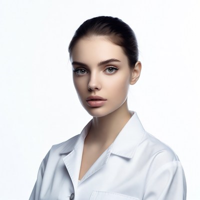 Young woman in white lab coat