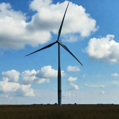 Wind turbine in field under cloudy sky