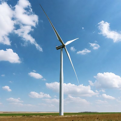 Wind turbine in field under blue sky