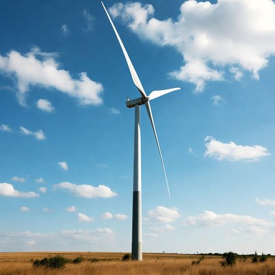 Wind turbine in field under blue sky