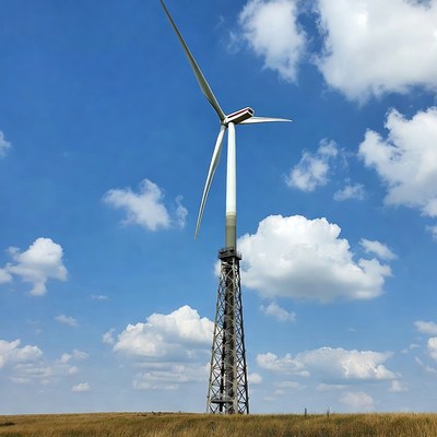 Wind turbine in grassy field