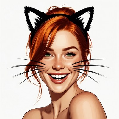 Smiling woman with cat ears and whiskers