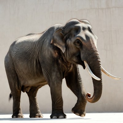 Elephant standing against beige wall
