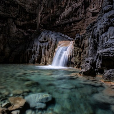Cave with Stalactites and Waterfall Pool