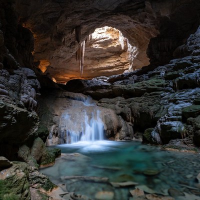 Cave with Waterfall and Turquoise Pool