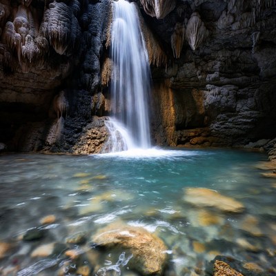 Cave Waterfall into Turquoise Pool