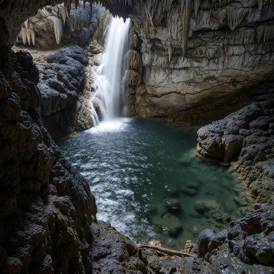Cave Waterfall into Emerald Pool