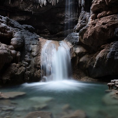 Waterfall in cave with pool
