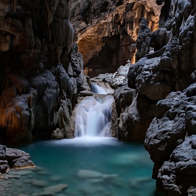 Waterfall in cave with turquoise pool