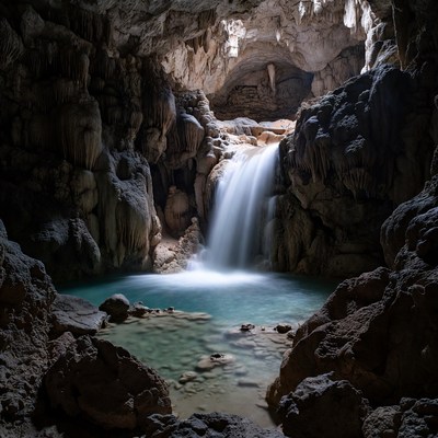Cave Waterfall Flowing into Turquoise Pool