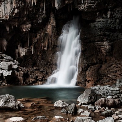 Waterfall in cave with stalactites