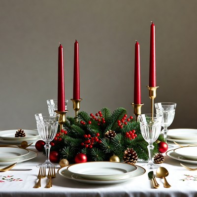 Christmas Table Centerpiece with Red Candles
