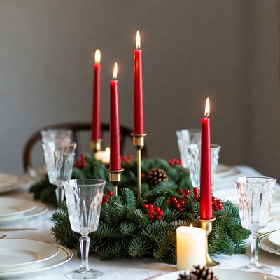 Red Candles and Christmas Greenery Table Centerpiece